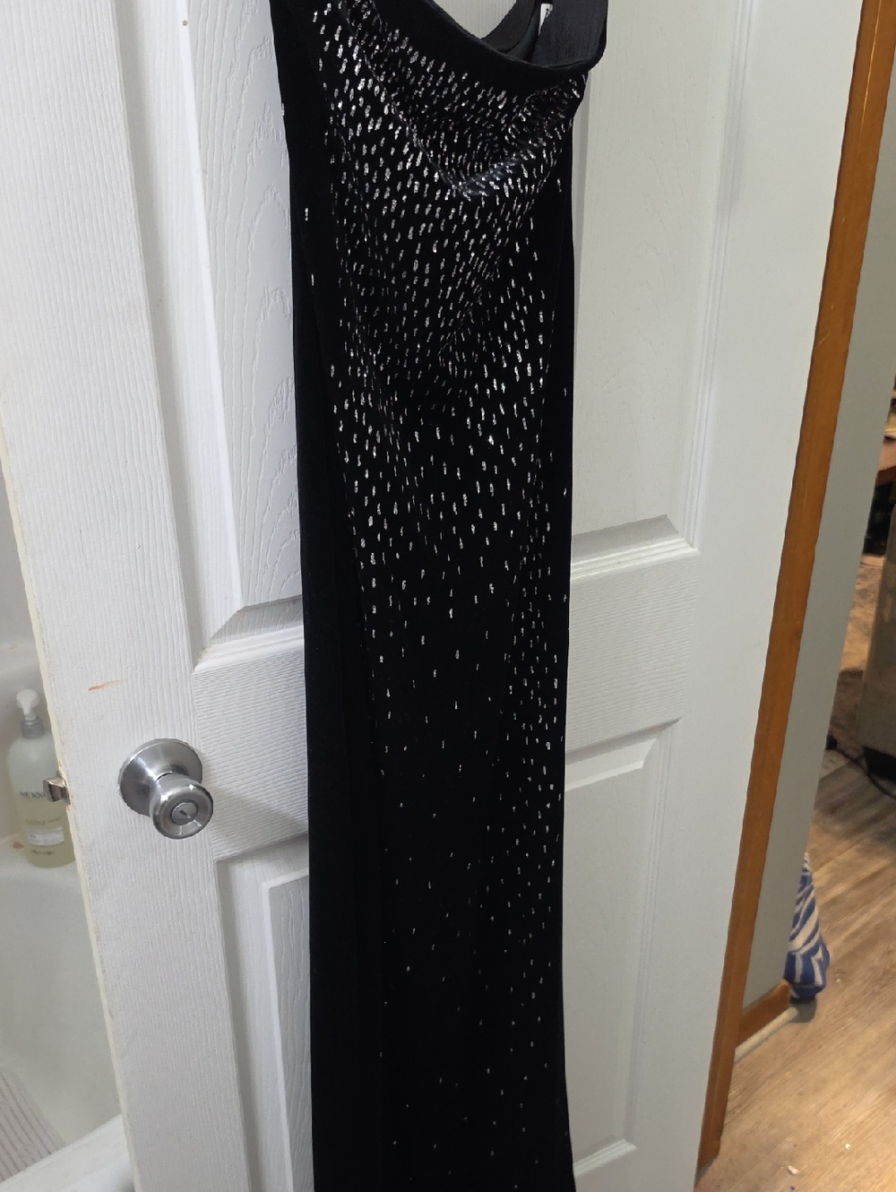 Strapless Black Evening Gown with Silver Sequin Detailing